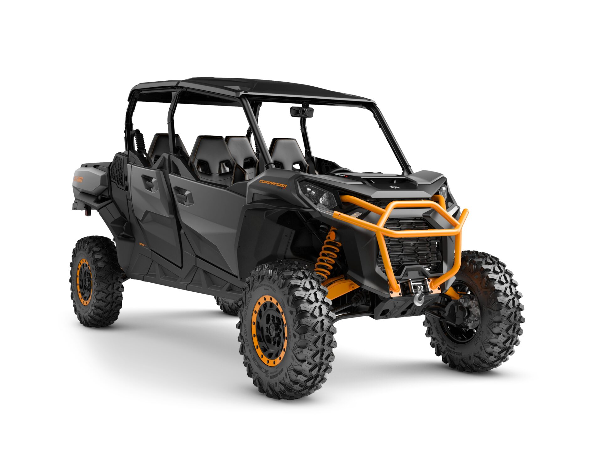 Commander MAX XT-P 1000R Model Shown from the front side in Mineral Grey and Orange Crush.