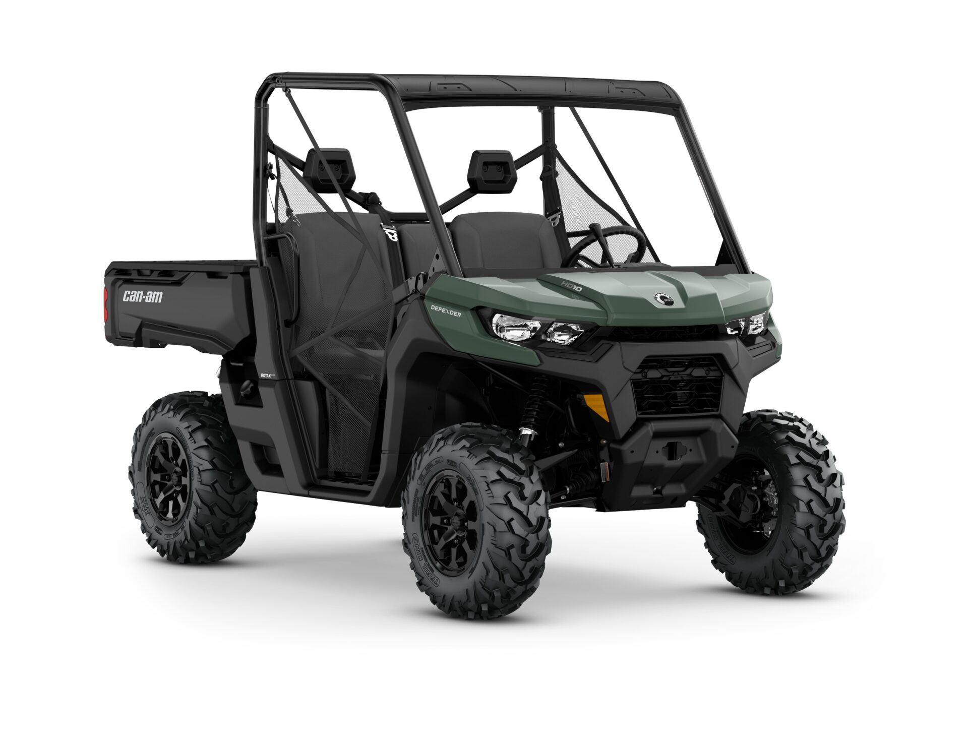 New Can-Am Defender DPS HD10 Model Shown from the front side in Compass Green.