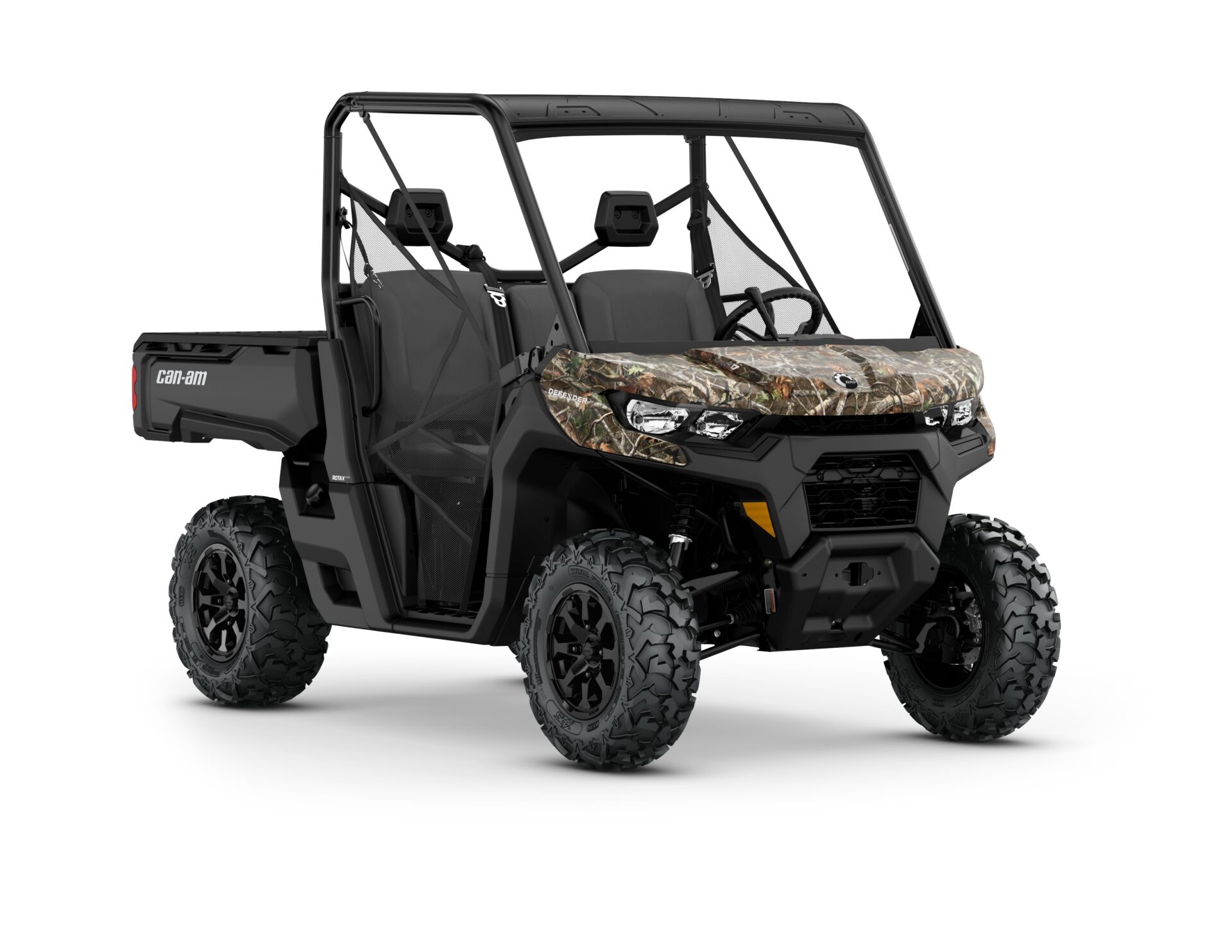 New Can-Am Defender DPS HD7 Model Shown from the front side in Wildland Camo.