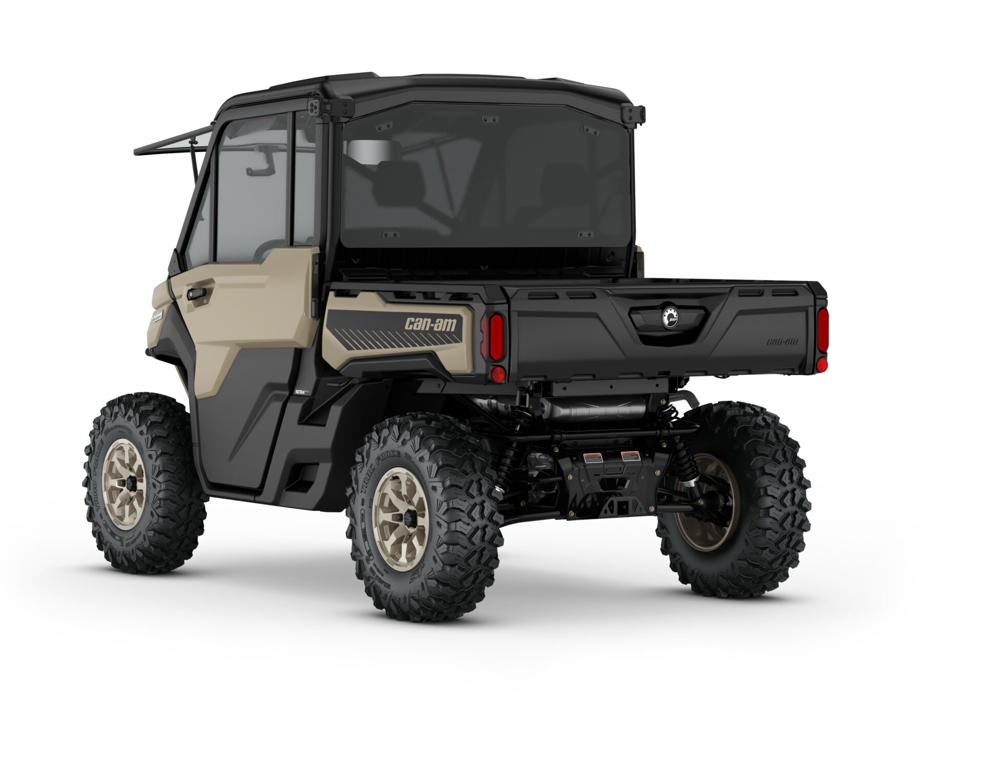 Defender Limited HD10 Model Shown from the back side in Desert Tan and Stealth Black.