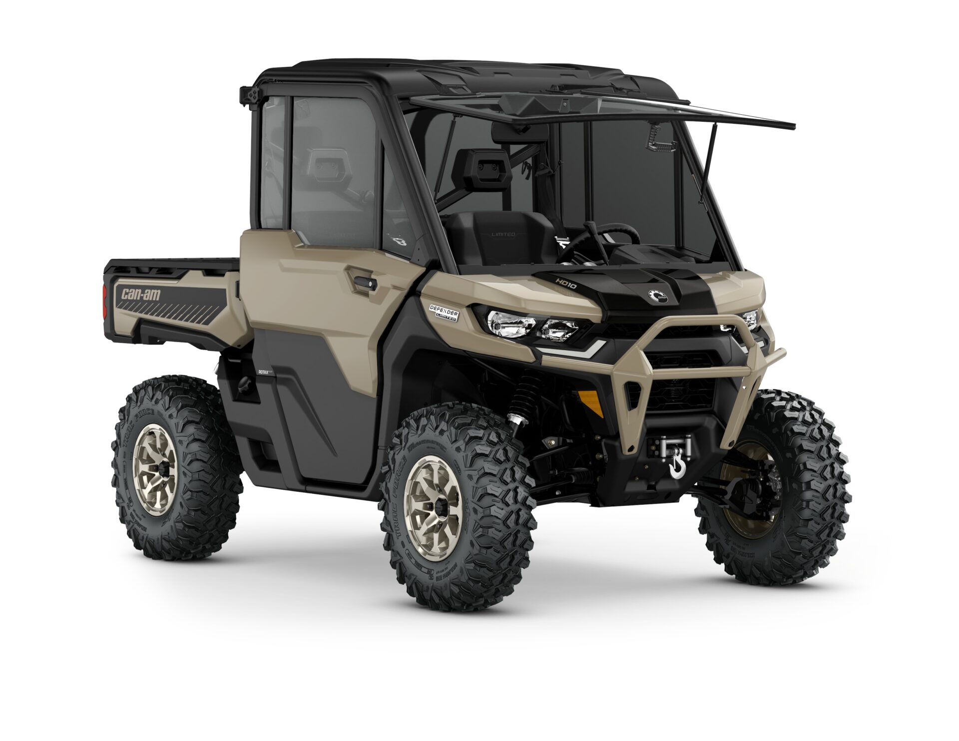 Defender Limited HD10 Model Shown from the front side in Desert Tan and Stealth Black.