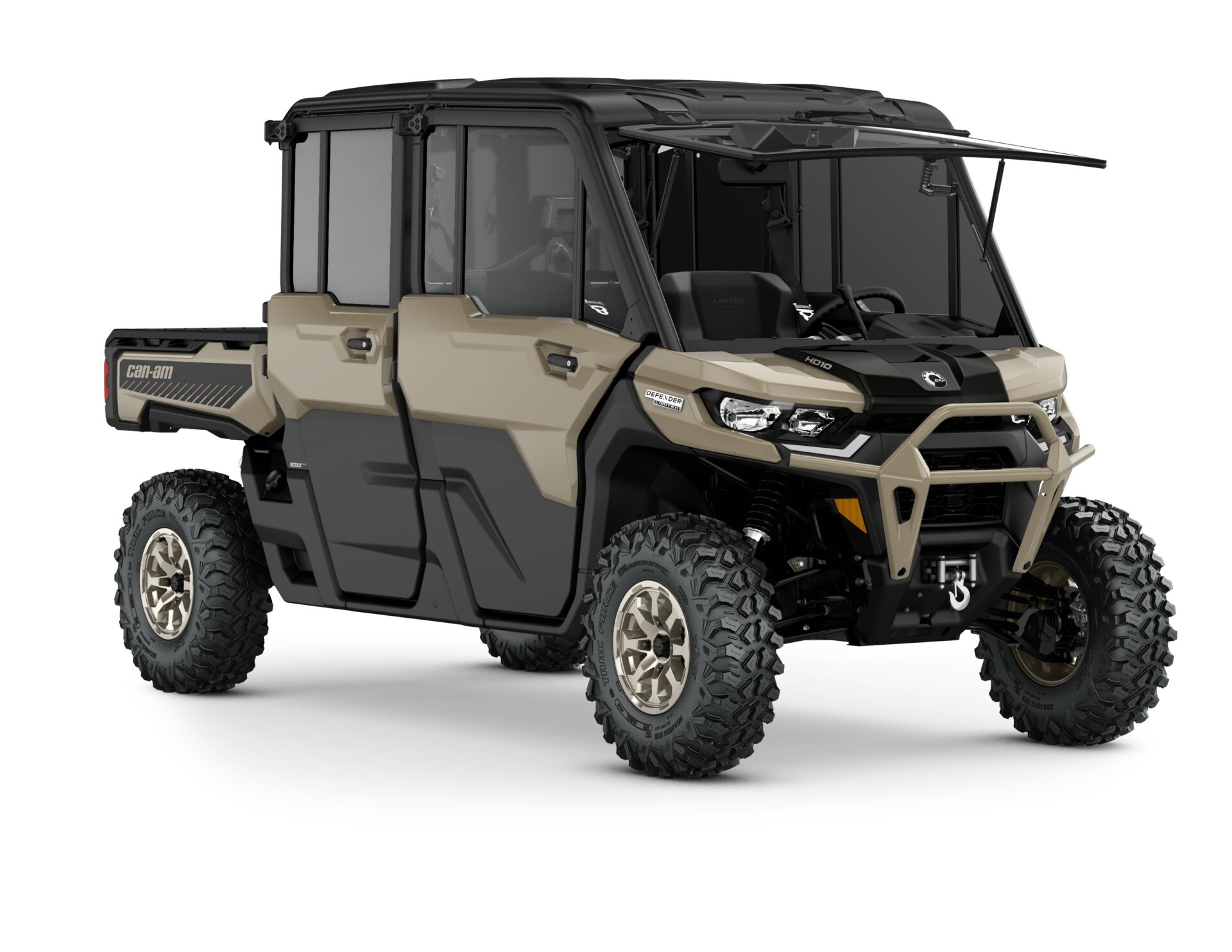 Defender MAX Limited HD10 Model Shown from the front side in Desert Tan & Timeless Black.