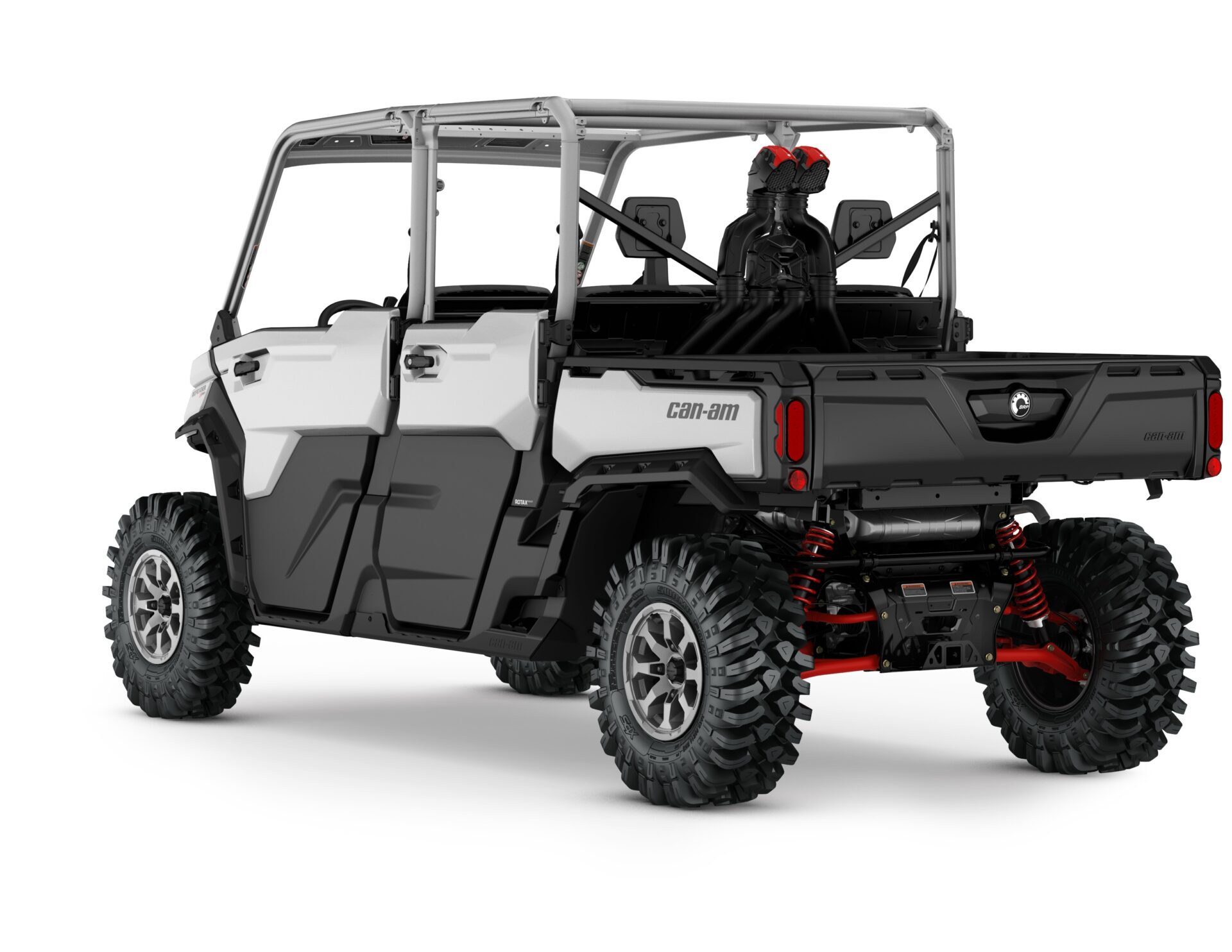 Defender MAX X mr (Xmr) HD10 Model with Half-Doors Shown from the back side in Hyper Silver & Legion Red.