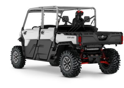 Defender MAX X mr (Xmr) HD10 Model with Half-Doors Shown from the back side in Hyper Silver & Legion Red.