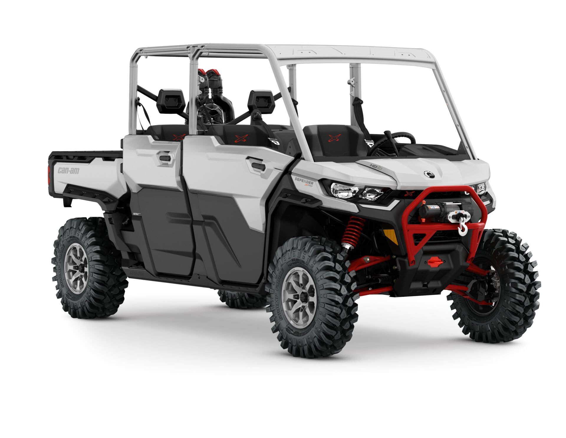 Defender MAX X mr (Xmr) HD10 Model with Half-Doors Shown from the front side in Hyper Silver & Legion Red.