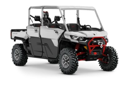 Defender MAX X mr (Xmr) HD10 Model with Half-Doors Shown from the front side in Hyper Silver & Legion Red.