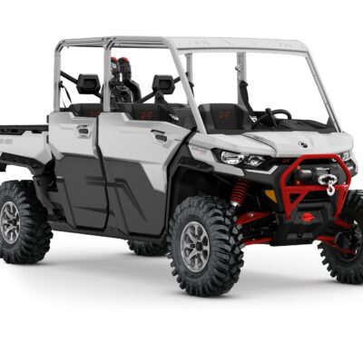 Defender MAX X mr (Xmr) HD10 Model with Half-Doors Shown from the front side in Hyper Silver & Legion Red.