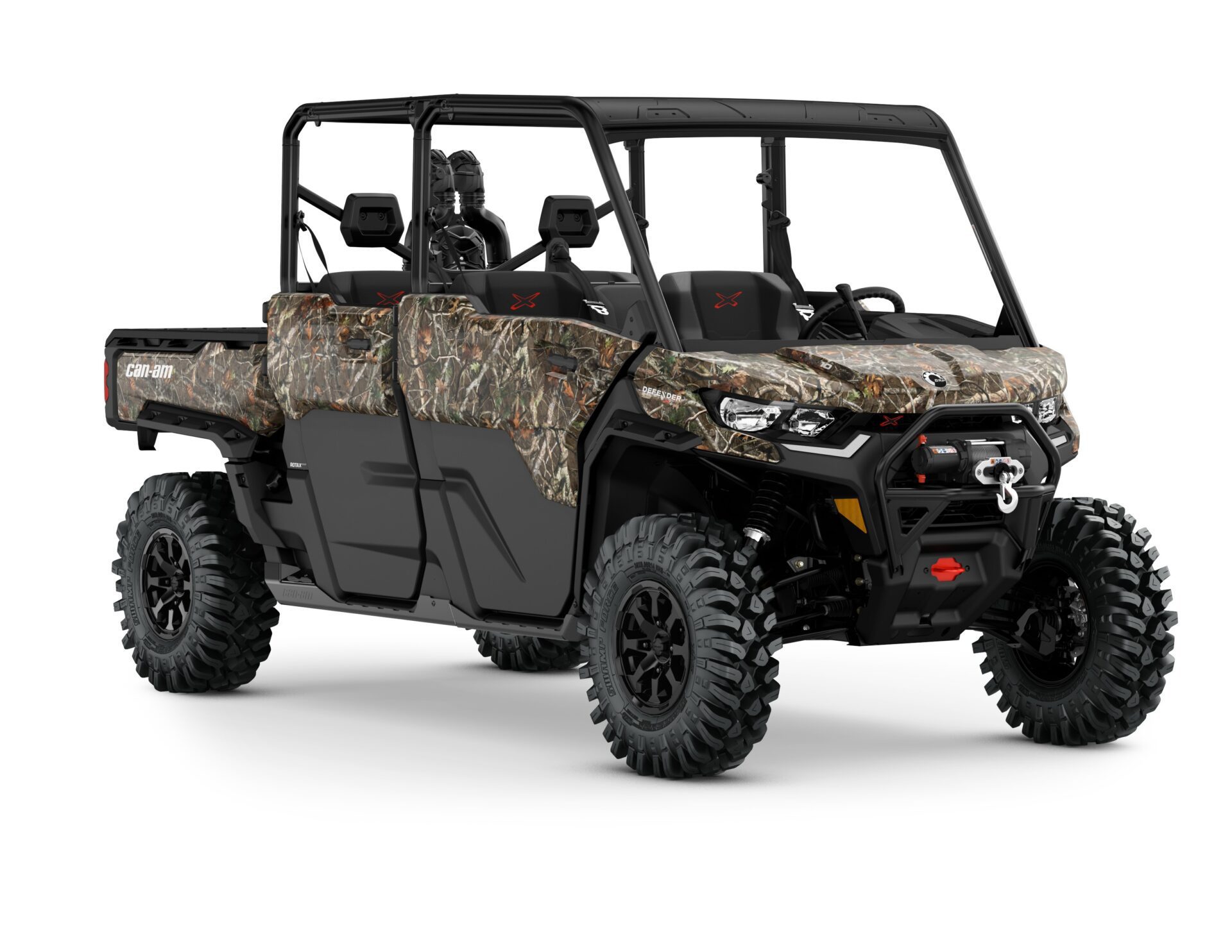 Defender MAX X mr (Xmr) HD10 Model with Half-Doors Shown from the front side in Wildland Camo.