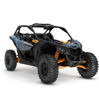 Maverick X3 DS Turbo RR Model Shown from the front side in Scandi Blue and Orange Crush.