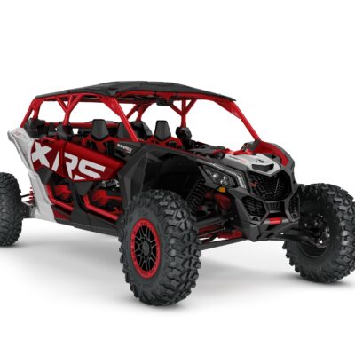 Maverick X3 MAX X RS Turbo RR Model Shown from the front side in Fiery Red and Hyper Silver.