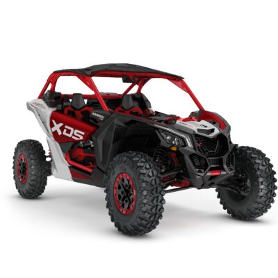 Maverick X3 X DS Turbo RR Model with Smart-Shox Shown from the front side in Fiery Red and Hyper Silver.