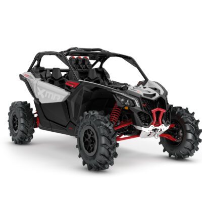 Maverick X3 X MR Turbo RR 64" Model Shown from the front side in Hyper Silver and Legion Red.