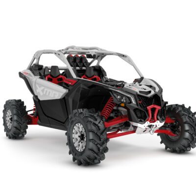 Maverick X3 X MR Turbo RR 72" Model Shown from the front side in Hyper Silver and Legion Red.