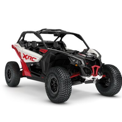 Maverick X3 X RC Turbo RR 64" Model Shown from the front side in Hybrid White and Legion Red.